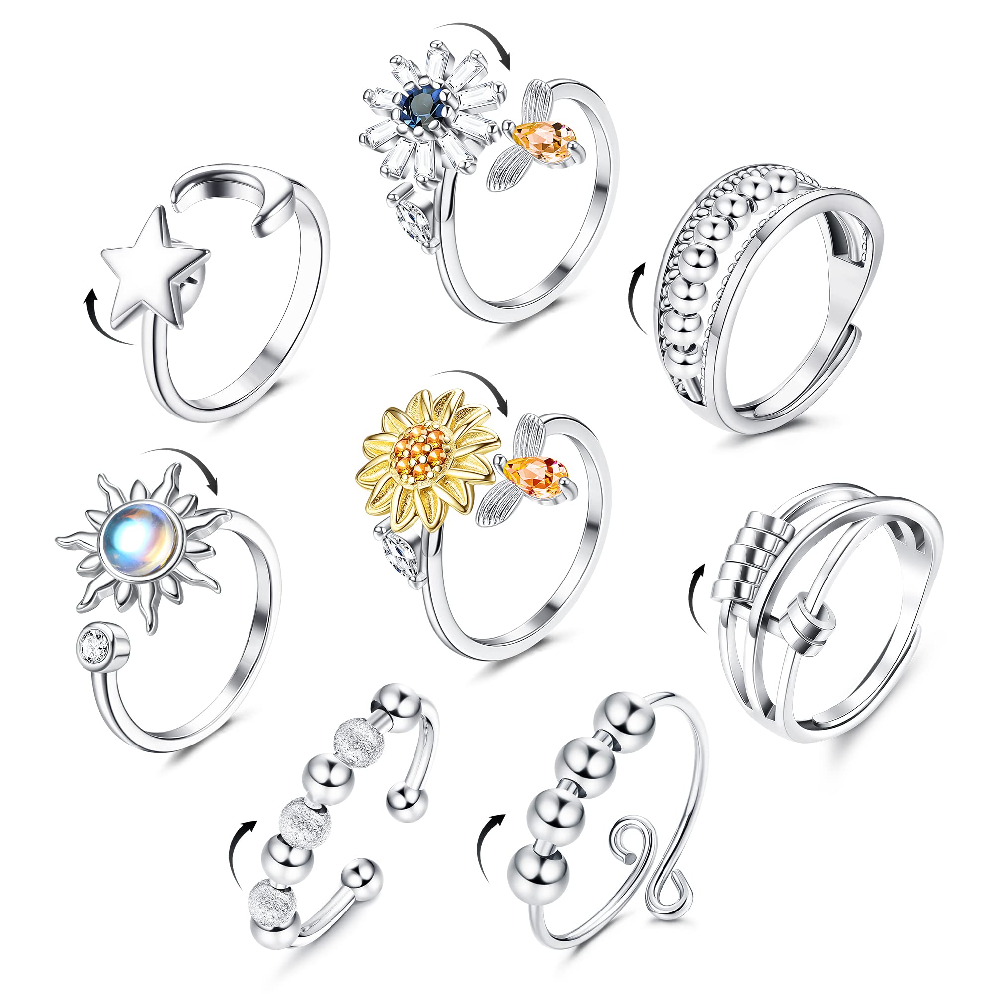 YADOCA 8 Pcs Anxiety Rings for Women Adjustable Fidget Ring for Anxiety Spinner Rings Hypoallergenic Silver Zircon Sunflower Daisy Thumb Ring Rotate Beads Stress Reliever Rings Set with Box