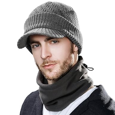 SIGGI unisex warme Wolle gestrickte Beanie Mütze mit Schirm Strickmütze Schal Herren