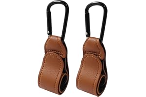Bonsicoky 2 Pcs Stroller Hooks for Diaper Bag - Durable Leather Stroller Straps Diaper Bag Hooks - Stroller Clips for Stroller Wheelchair Shopping Carts - Brown