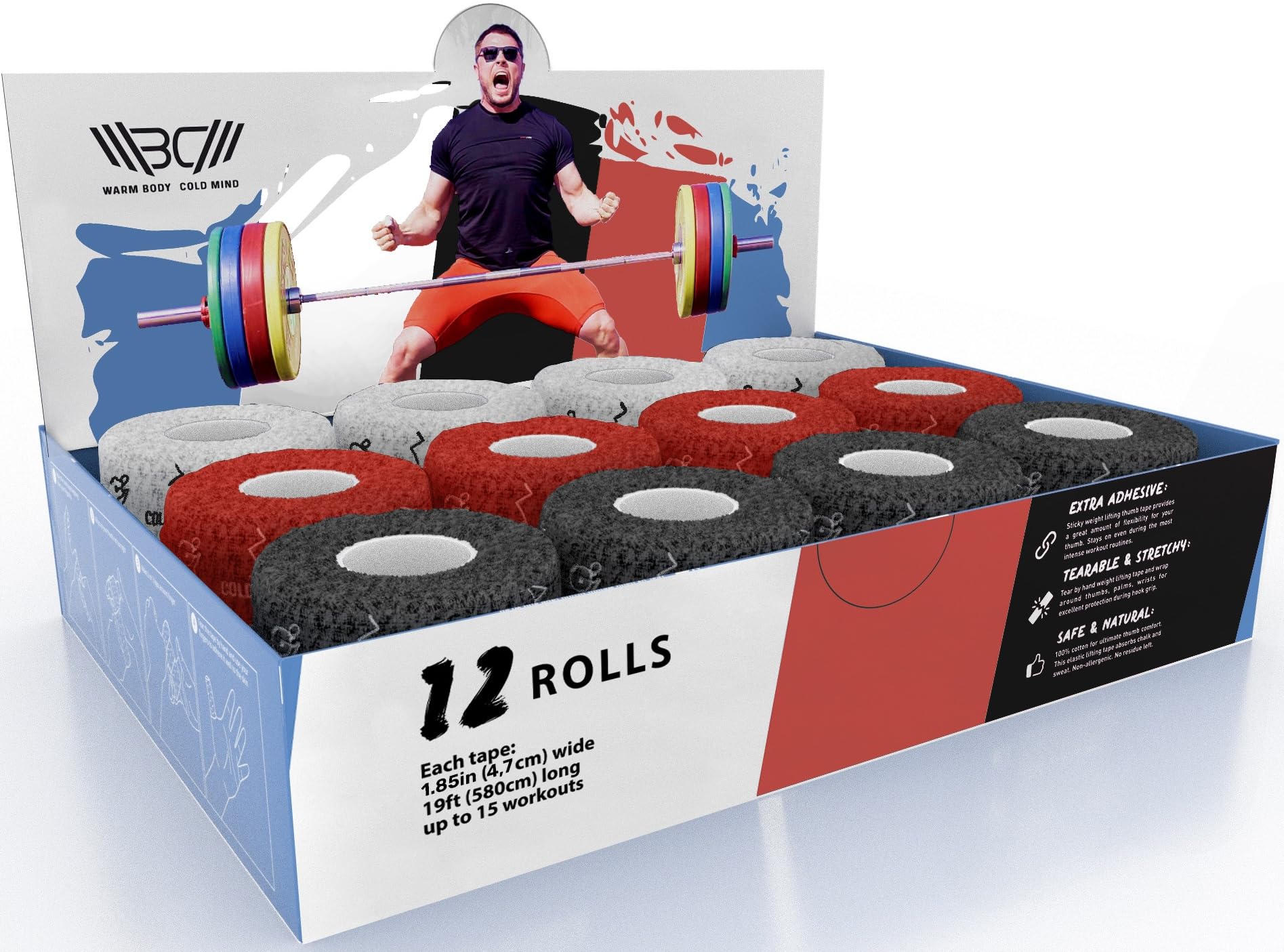 WARM BODY COLD MIND 1,85" Premium Lifting Thumb Tape for Weightlifting - Hook Grip for Powerlifting, Strength/Cross Training, Deadlift, Weight Lifting, Athletic Finger Wrap