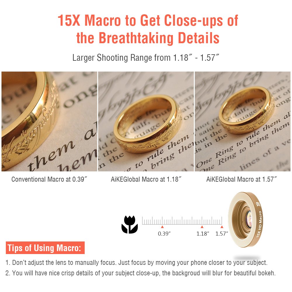 iPhone Lenses Kit - Universal 2 in 1 120°Wide Angle Lens & 15X Macro Lens, Cell Phone Camera Lens for iPhone 7/7 Plus/6s/6s Plus/6/5, Samsung Galaxy & More, Buy 1 Get 1 Free (Gold)