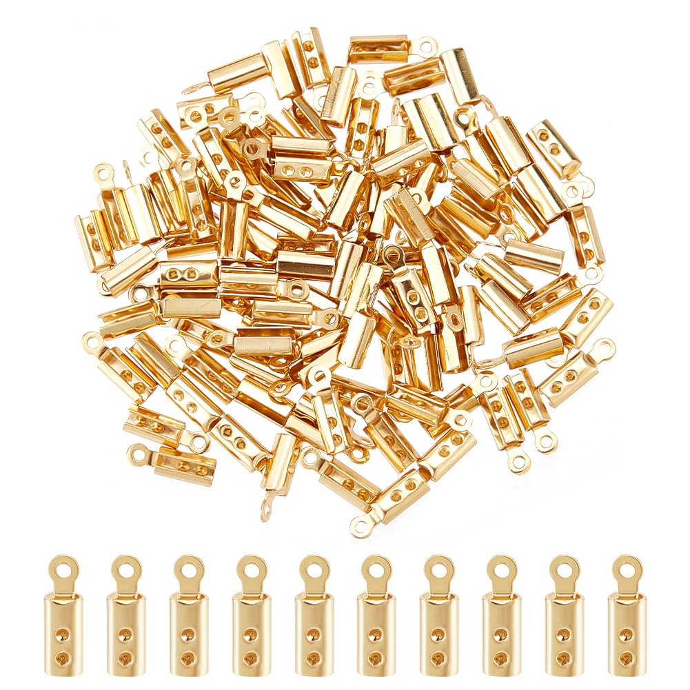 UNICRAFTALE About 100pcs 2x2.5mm Golden Folding Crimp Ends Stainless Steel Crimps Ends Fold Over Cord Ends Terminators Clamp End Tips Jewelry Findings for Bracelets Leather Jewelry Making