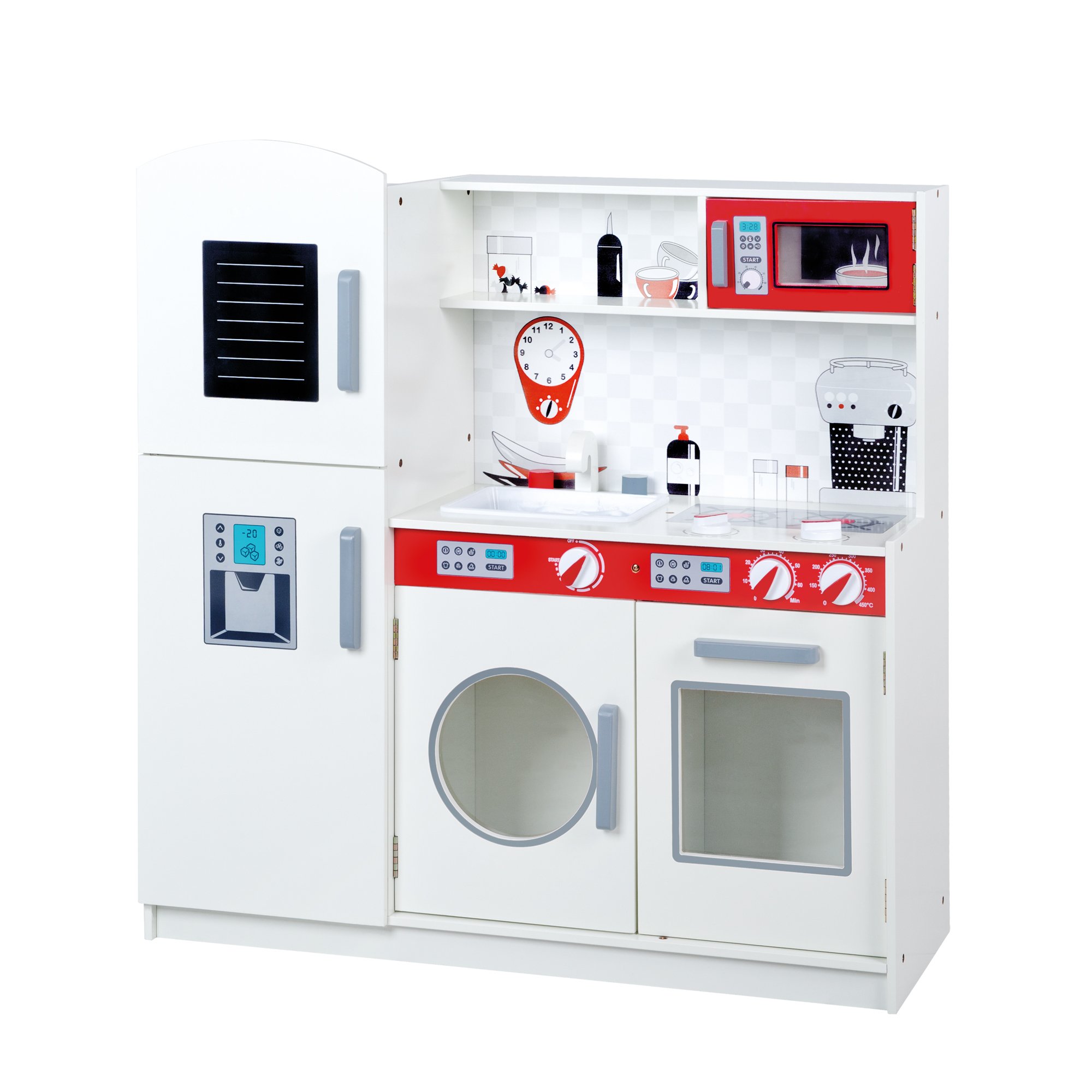 roba Play Kitchen, Children's Kitchen, white, red, refrigerator, chalkboard, stove, microwave, sink, faucet