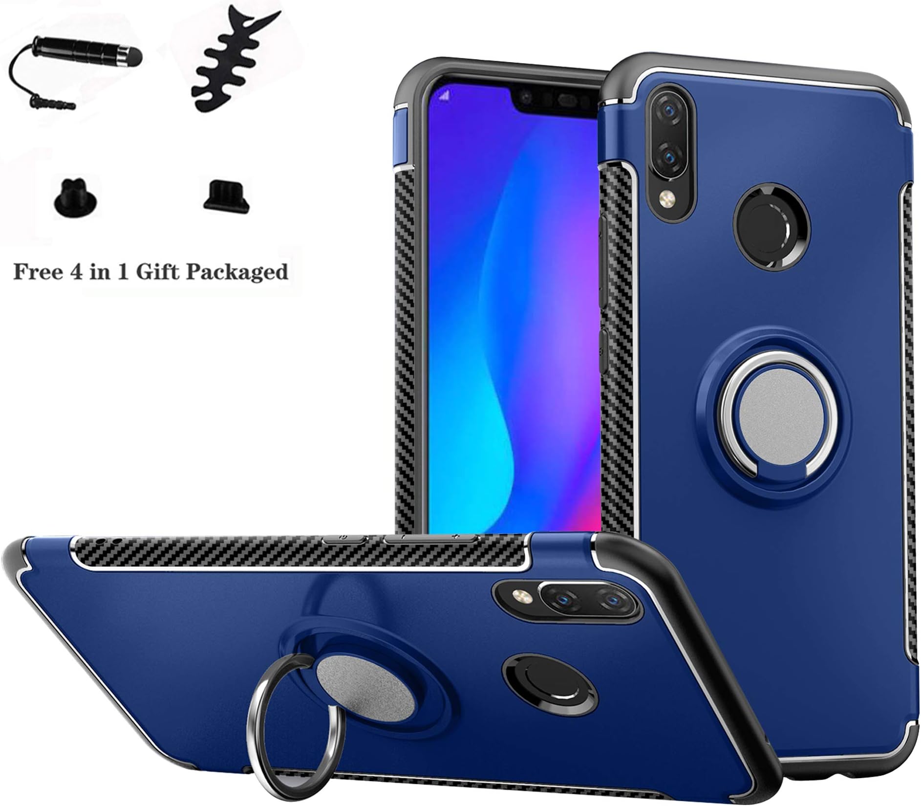 Labanema Hybrid Dual Layer 360 Degree Rotation Ring Holder Kickstand Armor Slim Protective Cover Case for Huawei Nova 3i /P Smart Plus 2018 (Not fit P Smart Plus 2019) - Dark Blue