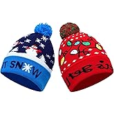 2THESTARS Christmas Hat 2 Pack Light Up Knitted Beanie Hat Xmas Santa Holiday Cap LED Lights (Set 4)