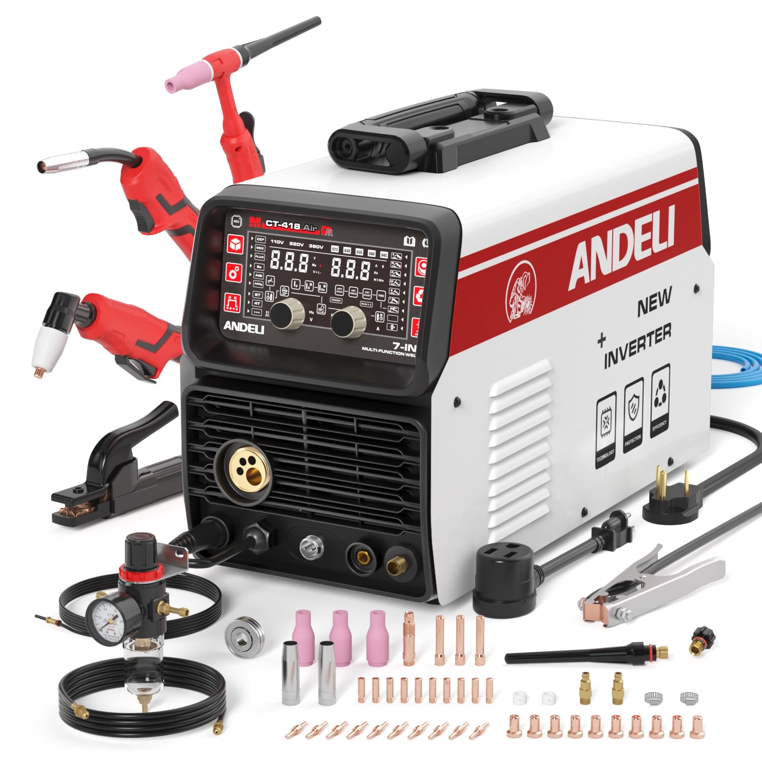 Photo 1 of ANDELI 7 in 1 Multi-Process Plasma Cutter Welder Combo, 110/220V Dual Voltage Cutting Welding Machine GAS MIG/FLUX MIG/HF TIG/STICK/COLD/CUT/Aluminum MIG Welder (MCT-418)