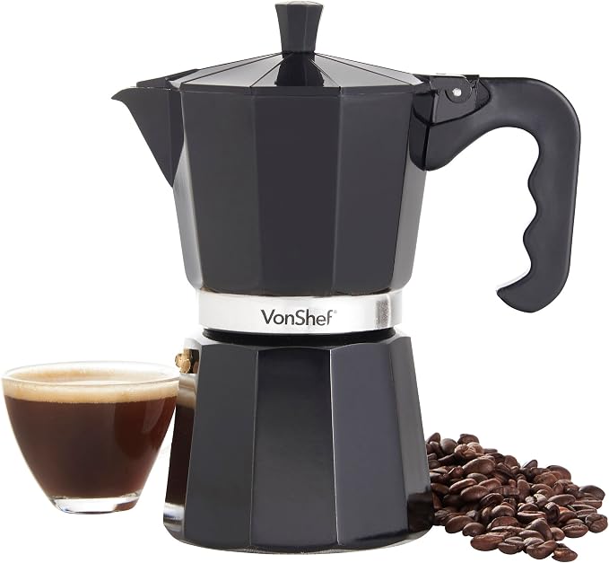 Cafetière Moka VonShef 6 Tasses - Café Italien Authentique En Aluminium 300ml Pour Cuisinière Gaz & Électrique - Joint & Filtre De Rechange Inclus