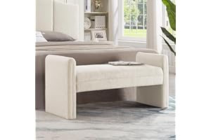 24KF Modern Boucle Teddy Lovely Bench, Upholstered Bed Bench Entryway Bench Ottoman with Armrest -Cream