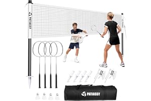 Patiassy Badminton Set for Backyard, Portable Anti-Sag Badminton Net with 4 Badminton Rackets, 4 Nylon Shuttlecocks and Carry Bag, for Lawn Beach Family Games