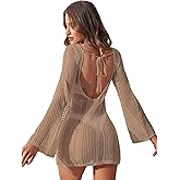 Floerns Women's Crochet Cover Up Long Sleeve Hollow Out Bikini Swimsuit Beach Cover Up Swimwear