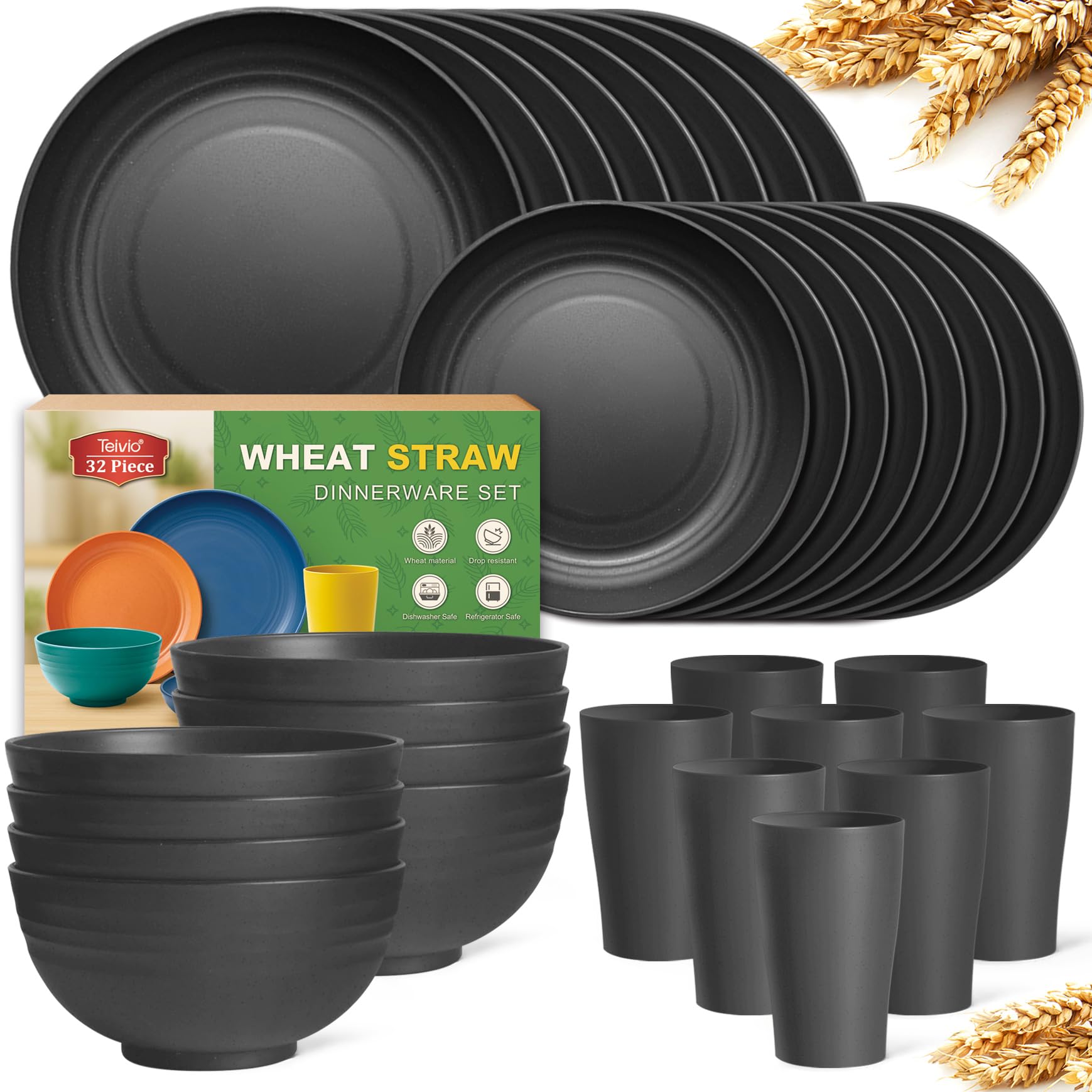 Photo 1 of Teivio 32-Piece Kitchen Plastic Wheat Straw Dinnerware Set, Service for 8, Unbreakable Modern Dish Set - Dinner Plate/Dessert Plate/Cereal Bowl/Cup, for Apartment Essentials, Outdoor Camping,Black