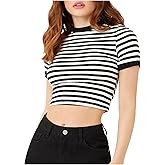 MakeMeChic Women's Crop Tops Striped Short Sleeve Fitted Crew Neck Summer Tee Shirt