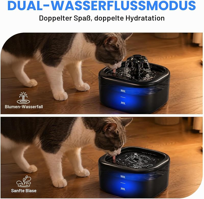 Katzenbrunnen Trinkbrunnen für Katzen und Hunde, 2.2L Automatischer Haustier Wasserbrunnen mit LED-Wasserstandsanzeige, Ultraleise Pumpe und Dreifach-Filtersystem, Bpa-Frei Katzen Tränke, Schwarz — Foto 3 von 8