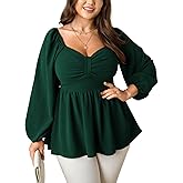 SCOMCHIC Women's Plus Size Blouses Long Sleeve Sweetheart Neckline Babydoll Ruffle Peplum Smocked Cute Casual Fall Tops