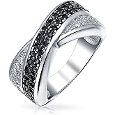 Bling Jewelry Two Tone Black and White Pave Cubic Zirconia CZ Criss-Cross X Band Ring for Women Girlfriend Gift .925 Sterling Silver