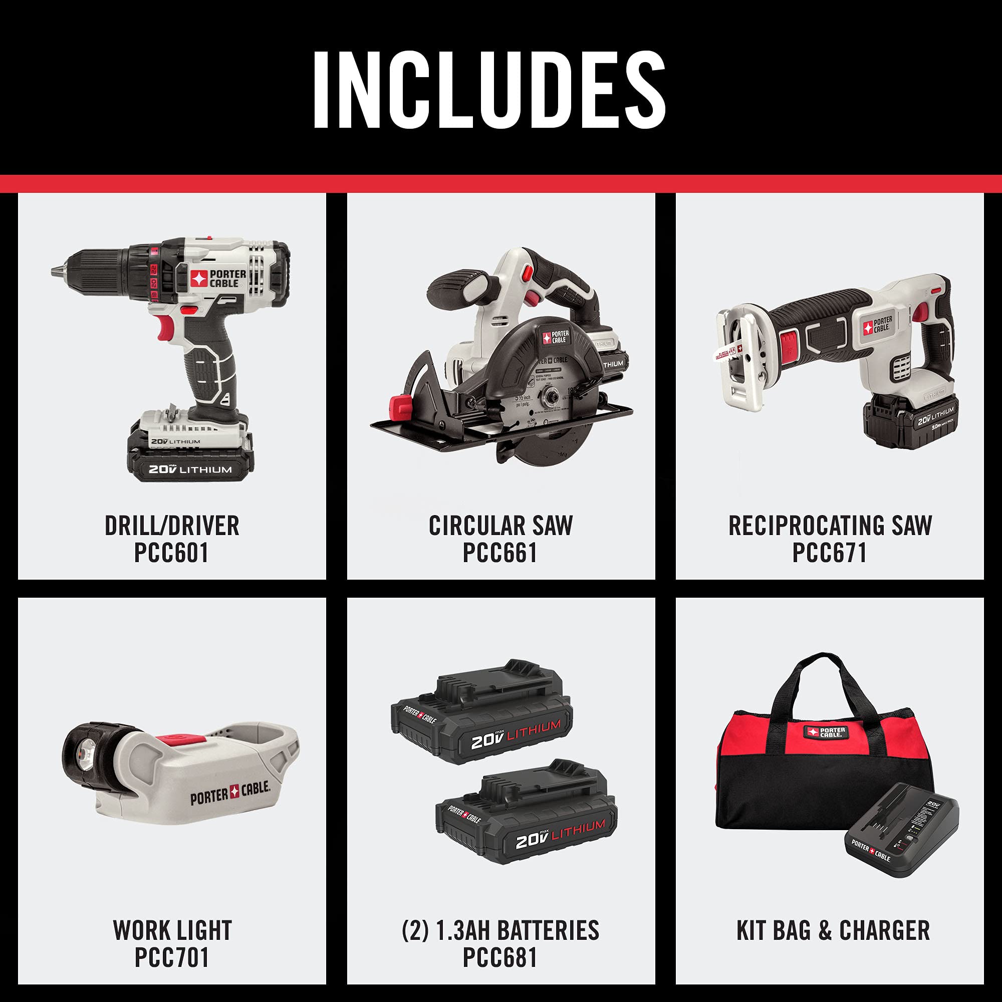 PORTER-CABLE 20V MAX Power Tool Combo Kit, 4-Tool Cordless Power Tool Set with 2 Batteries and Charger (PCCK616L4)