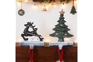 IGOHEALS Stocking Holders for Mantle – 3D Christmas Stocking Holder Heavy Duty Cast Iron Garland Hangers for Mantel with Non-Slip Base | Xmas Decor, Sturdy Fireplaces Hook (Tree and Deer)