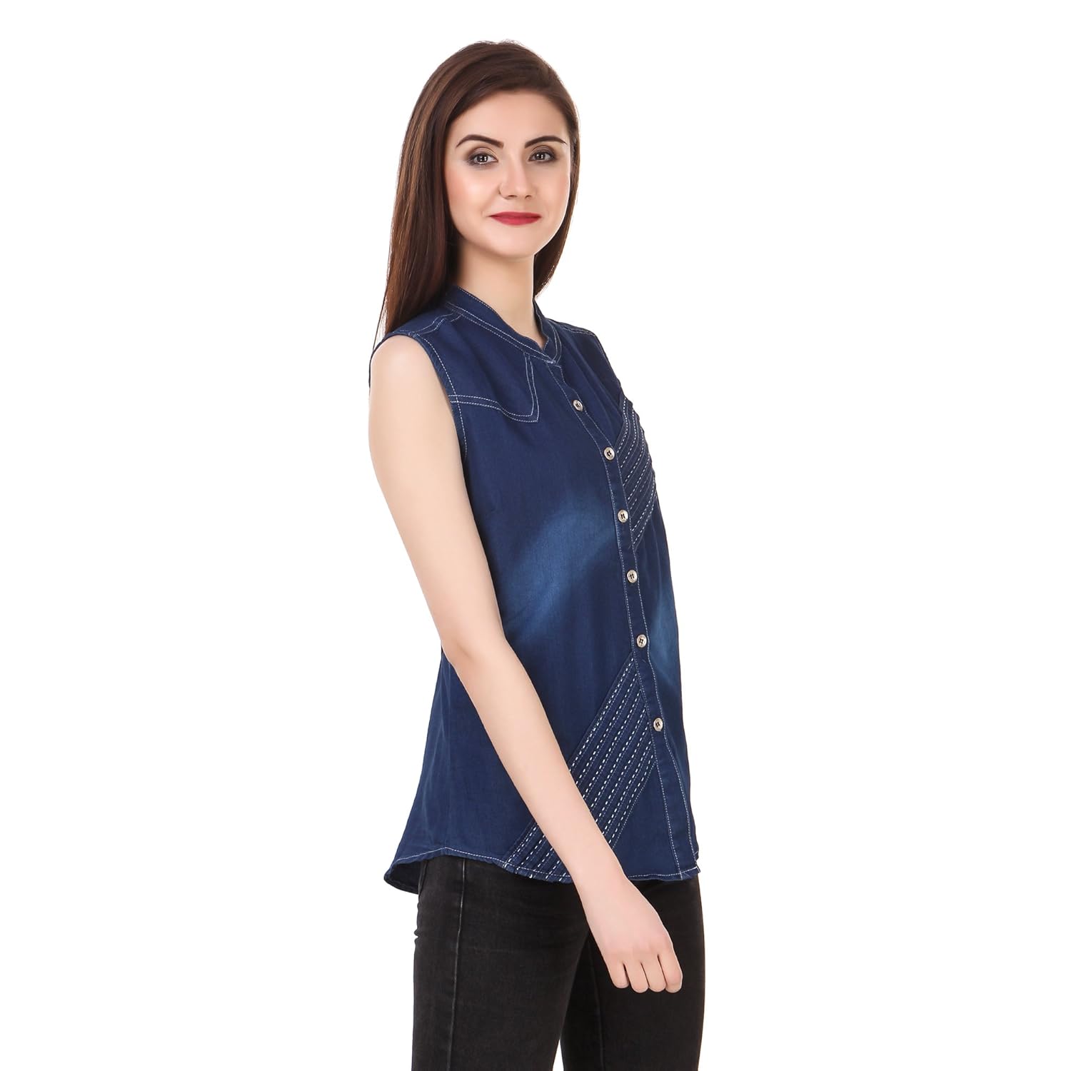 clo clu blue mandarin collar embroidered washed denim casual shirt