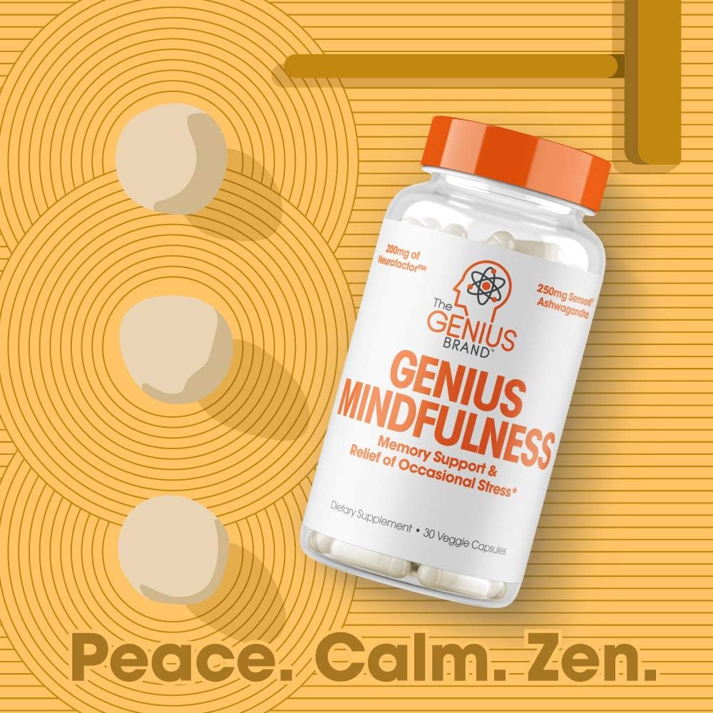 Genius Stress & Anxiety Relief Supplement w/ Ashwagandha, Nootropic Brain Booster & Memory Support w/ blueberry extract, Natural Focus, Energy & Serotonin, Calm Adrenal Fatigue & Cortisol 30 Capsules: Health & Personal Care