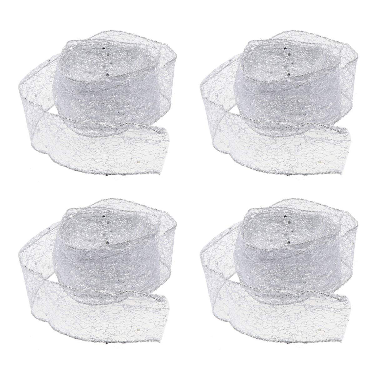 4pcs Christmas Mesh Ribbons Glitter Sequin Ribbons for Christmas Tree Decoration Christmas Wrapping 2m (Silver)