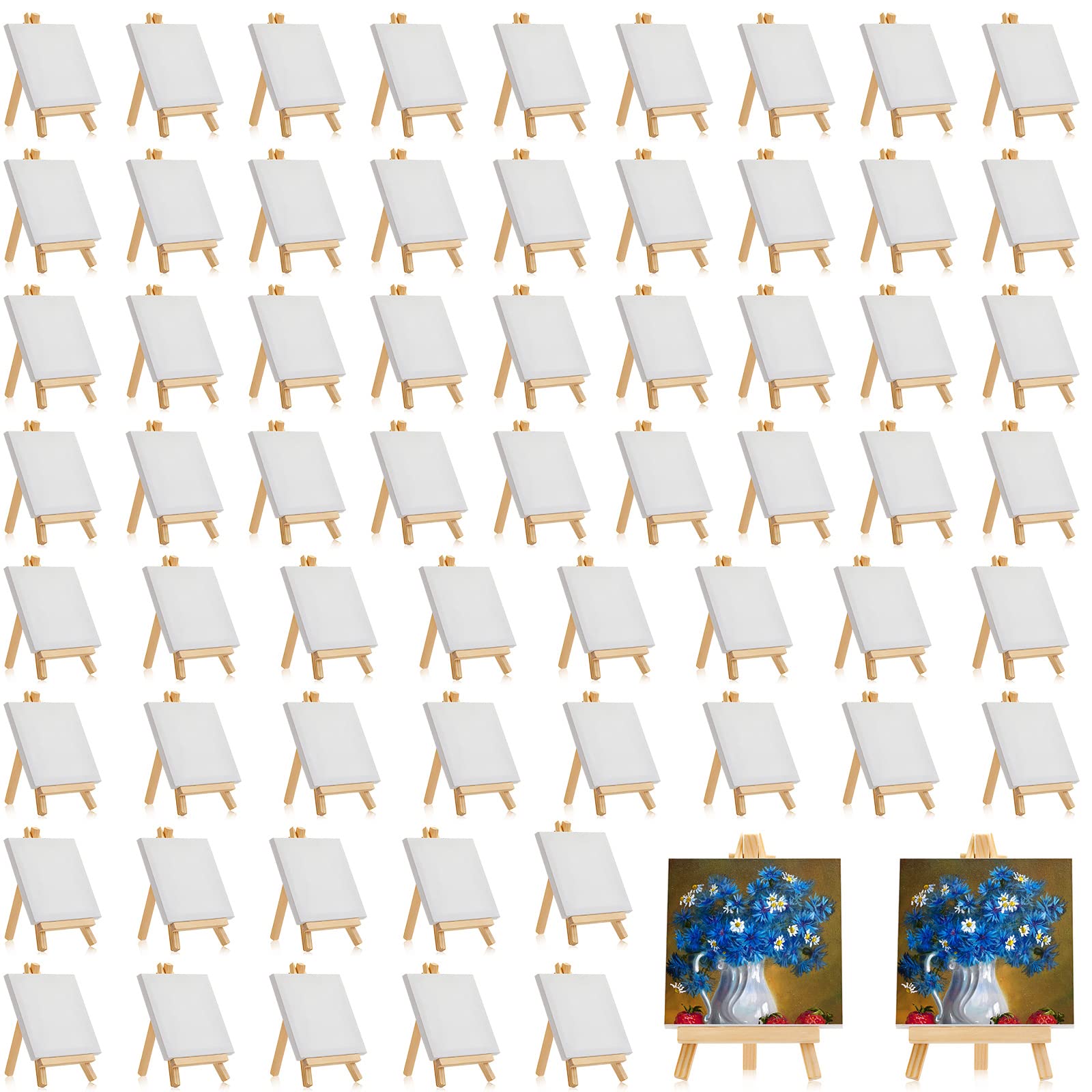 Photo 1 of Mimorou 64 Pack 3 x 3 Inch Mini Canvases with Easel Sets for Painting Small Art Stretched Canvases Panels Pack with Wood Display Easel for Kids Classroom Crafts Back to School
