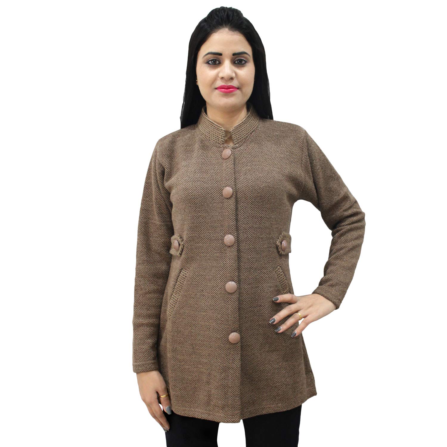 matelco womens woollen brown buttoned cardigan/coat with pockets