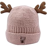 Cute Reindeer Moose Hat Winter Warm Knitted Beanie Cap Fleece Lined Crochet Antler Beanie Ski Skull Cap for Women,Pink