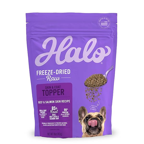 HALO FREEZE DRIED RAW DOG FOOD TOPPER, BEEF AND SALMON RECIPE, FOR SKIN & COAT SUPPORT, REAL MEAT TOPPER, OMEGA 3 FATTY ACIDS, 1LB BAG