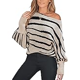 CUPSHE Womens Off The Shoulder Sweater Boat Neck Batwing Sleeve Sweaters Fall Casual Fit Striped Sweater Tops