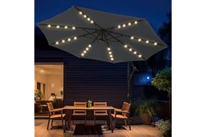 wikiwiki 10ft Solar LED Offset Hanging Market Patio Umbrella for Backyard, Poolside, Lawn and Garden,Easy Tilt Adjustment, Polyester Shade & Cross Base, Black