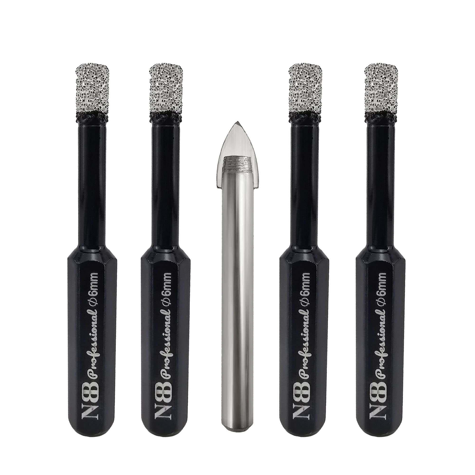 NBB Brazed Diamond Drill Bits with hex shank, for Dry drilling on hard Porcelain, Ceramic, Tile, Granite, Marble, extra life in wet, used on cord or cordless pistol drill (6mmx4pcs +1pc Tile Drill) — image 1