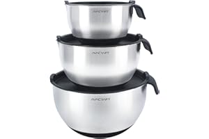 AVACRAFT 18/10 Stainless Steel Mixing Bowls with Lids, non slip silicone base bowls with Handle, Mixing Bowl Set with Pour Spouts & Measurement Marks, Home Essentials Cooking Bowls, (Black)