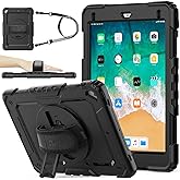SEYMAC stock Case for iPad 6th / 5th Generation Case/Air 2 / Pro 9.7 inch, Heavy Duty Protective with Screen Protector, with Pencil Holder, Hand Strap, Shoulder Strap, 360 Rotate Stand, Black