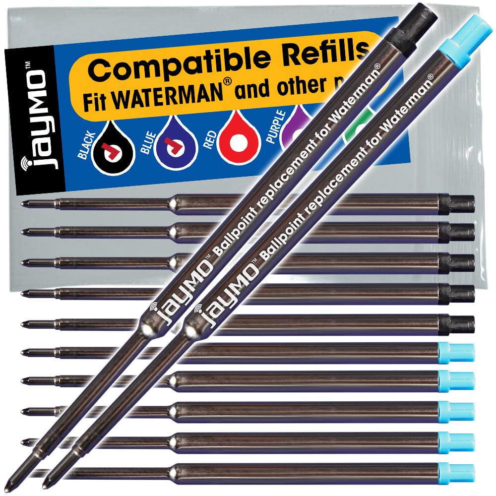Jaymo Replacement for Waterman 834254/834264 - Measures 4.4 in / 112 mm Long - Ballpoint Pen Refill - 6 Black + 6 Blue — image 1