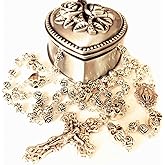 elegantmedical Handmade Silver Skull & Rose Rosary Beads Catholic Necklace Italy Crucifix Cross Gift Metal Box
