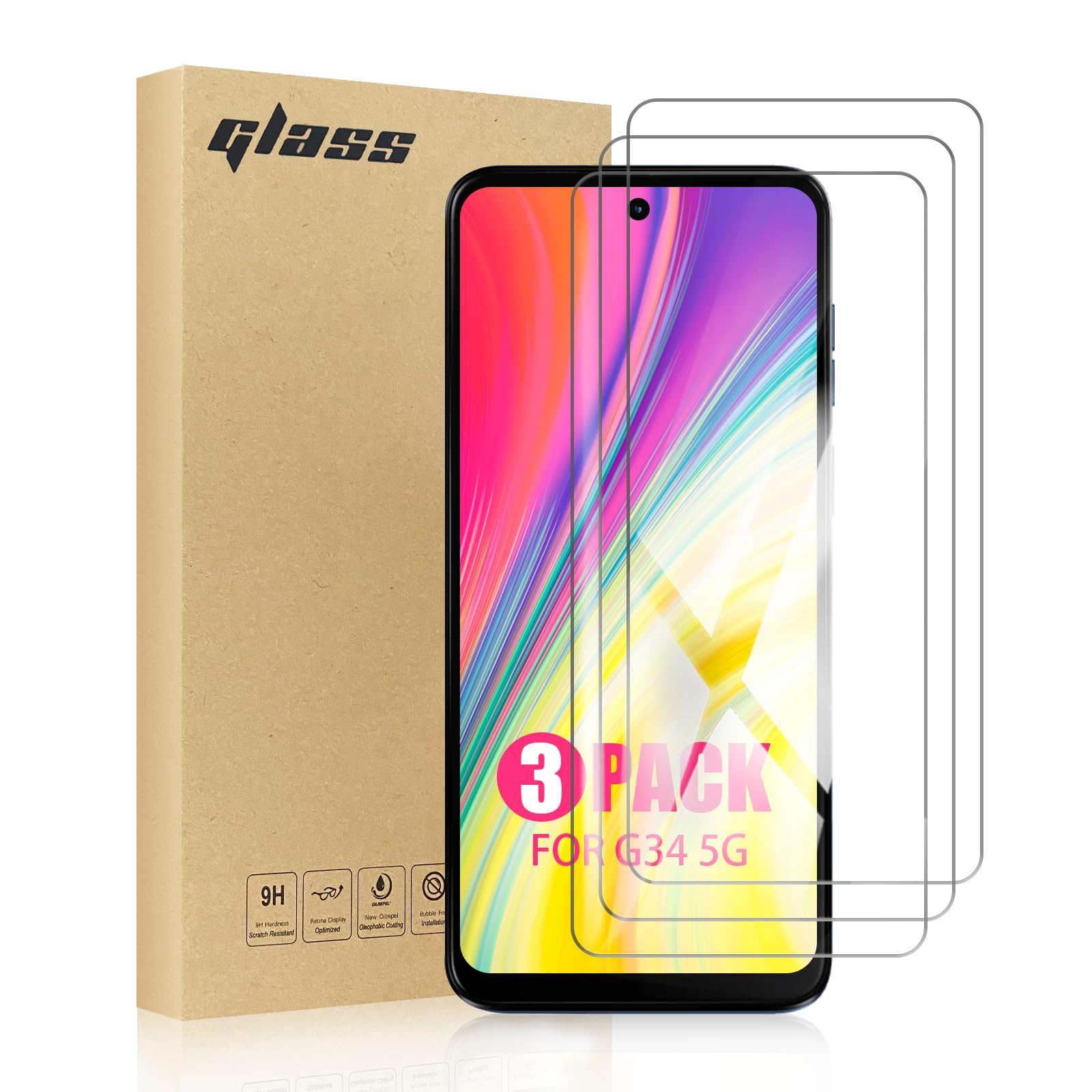 TailTech Screen Protector for Moto G34 5G Screen Protector Motorola G34 5G Tempered Glass, 3-Pack High Transparency Tempered Glass Screen Protector, Case-Friendly