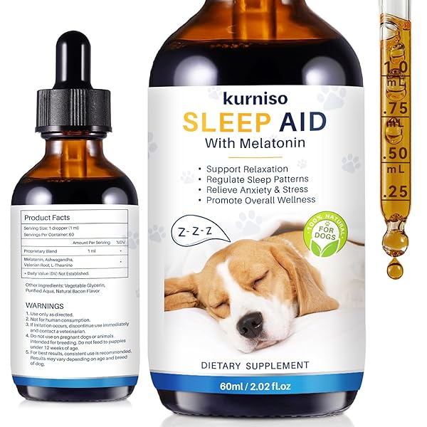 KURNISO MELATONIN FOR DOGS-DOG ANXIETY RELIEF, DOG ESSENTIALS FOR RELAX, SLEEP & STRESS REDUCE, PROMOTES OVERALL HEALTH LIQUID MELATONIN, POWERFUL DOG SLEEP AID, 60ML