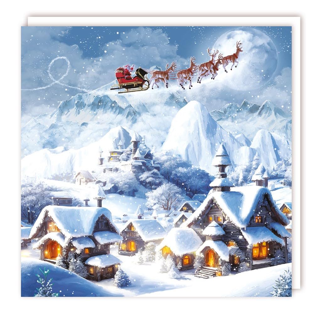 Tracks Publishing Charity Christmas Cards Pack of 5 - Charity Christmas Cards with Santa Flying Over Snowy Houses Scene - Eco-Friendly Xmas Cards Multipack with Envelopes
