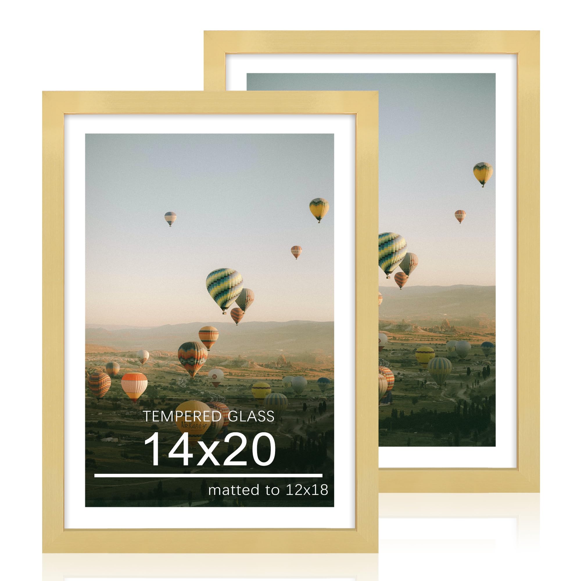 ccdcc 14x20 Poster Frame Set of 2, 14 x 20 Wood Picture Frames with Mat for 12x18, Wooden Photo Frame with Tempered Glass Cover for Wall Mounting Display, Gold Image
