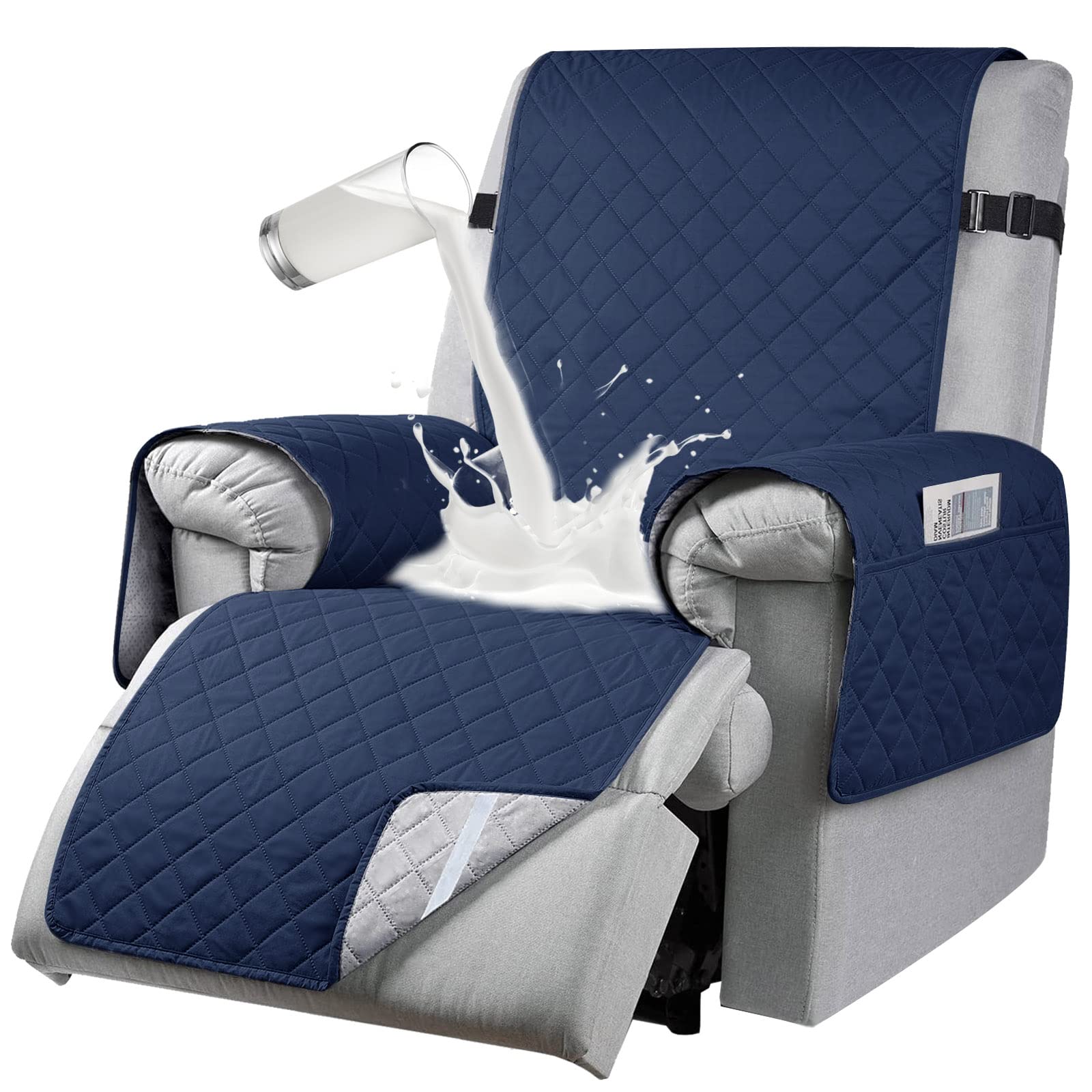 RAPRAP Waterproof Recliner Chair Cover, Recliner Sofa Coves with 6 Side Pockets, Anti-fouling 1 Seats Armchair Recliner Cover, Non-slip Chair Protectors for Recliner with Adjustable Tightening Straps