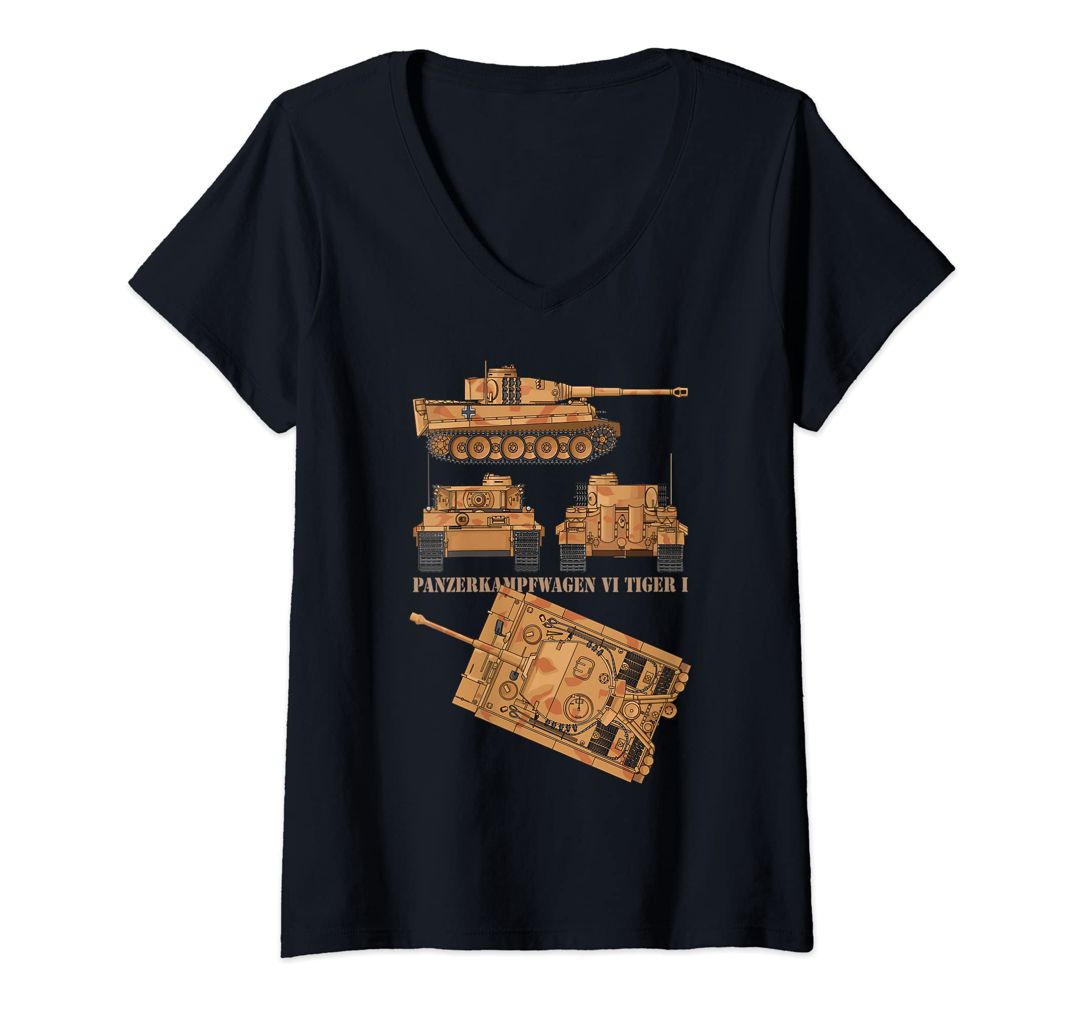 Womens Panzer VI Tiger I WW2 German Military Tanks Diagrams V-Neck T-Shirt