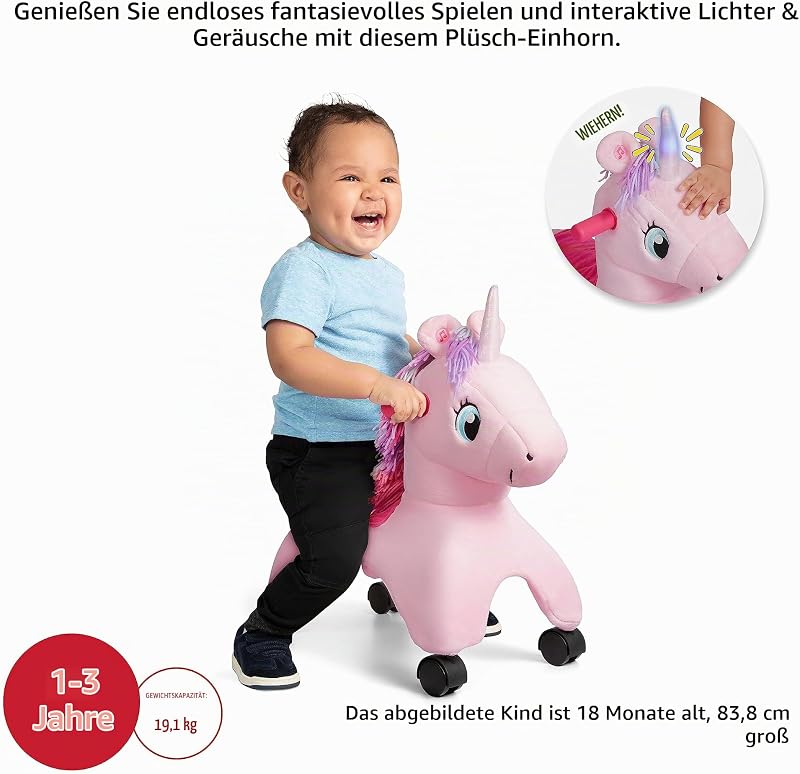Shimmer, das magische Einhorn zum Berühren mit interaktiven Lichtern und Geräuschen, pinkfarbenes Rutschfahrzeug, für Kinder von 1 bis 3 Jahren