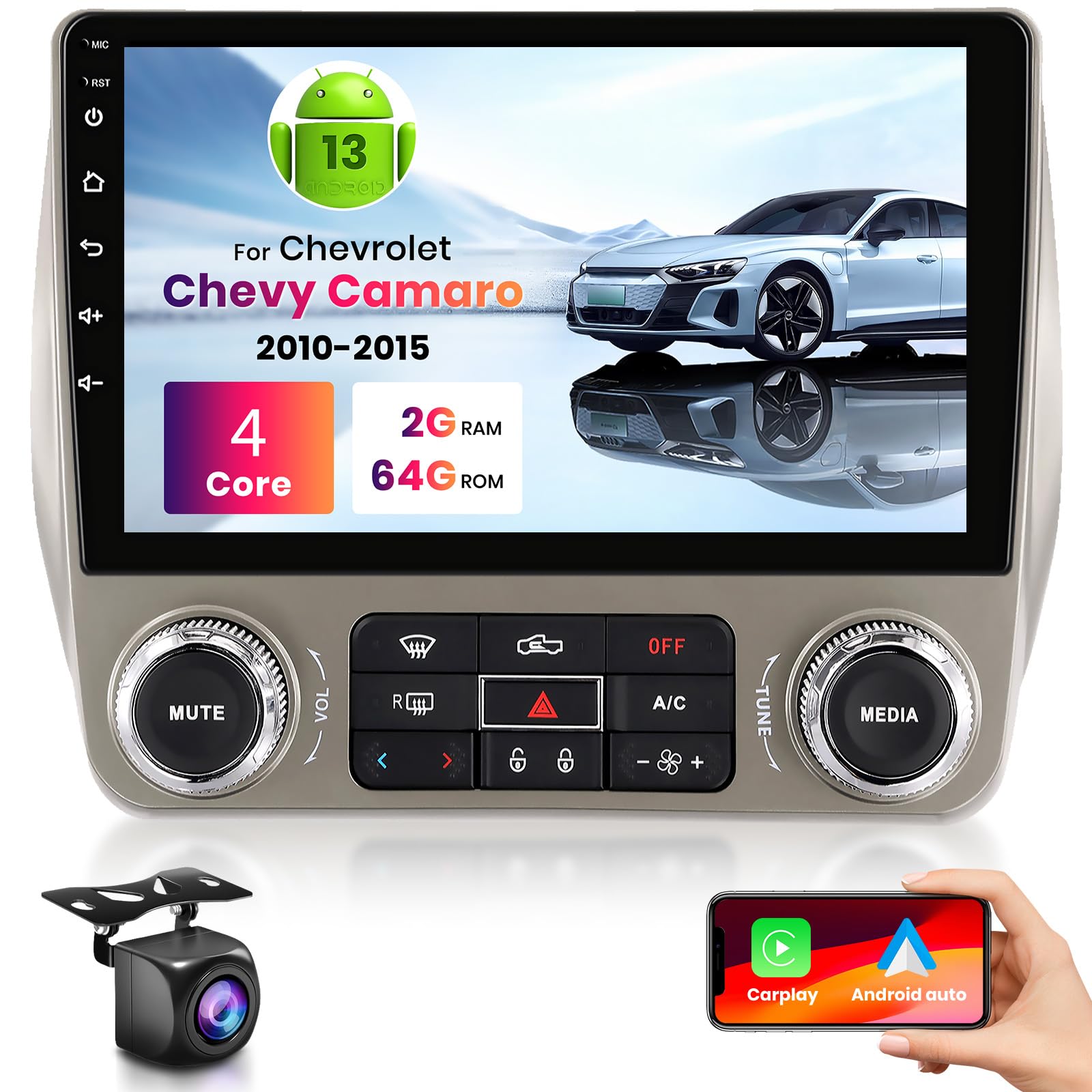 Photo 1 of 2G+64G for Chevrolet Chevy Camaro 2010-2015 Android 13 Car Stereo with Wireless Carplay Android Auto, 9 Inch Touch Screen Car Radio Support GPS/WiFi/Bluetooth/FM/Voice Control/SWC/Backup Camera
