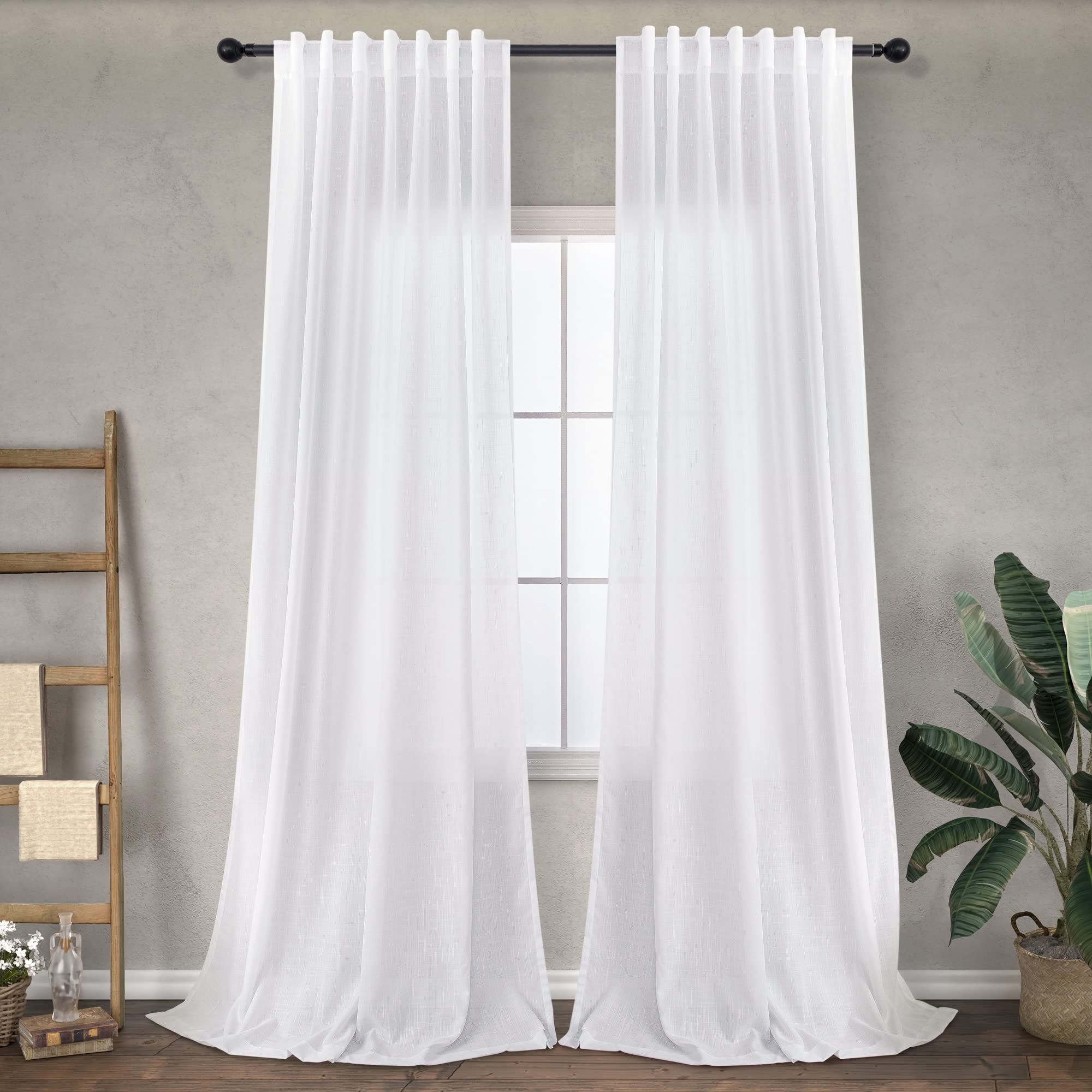 Photo 1 of White Farmhouse Curtains 108 Inches Long for Living Room 2 Panel Set Back Tab Pocket Drape Light Reducing Semi Privacy Sheer Linen Curtain for Patio Door Ceiling to Floor Country Chic 9 FT Tall 52x108