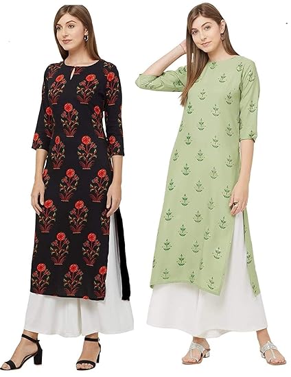 Women's Multicolor Printed Straight Kurta Pack of 02(Pista-Kurta & GUL-Black)