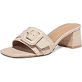 Erocalli Women's Heeled Sandals With Buckle Opened Square Toe Summer Chunky Block Heels Comfortable Raffia Sandal Slip on Casual Dressy Low Short Mules