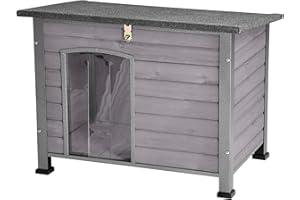 Suumerpety Indoor Outdoor Dog House,Anti-Chewing Iron Frame Dog Kennel,Wood Warm Pets Home,Weatherproof Outside Shelter for Feral Animal 33.5" (L) X 22" (W) X 25.2" (H) Grey