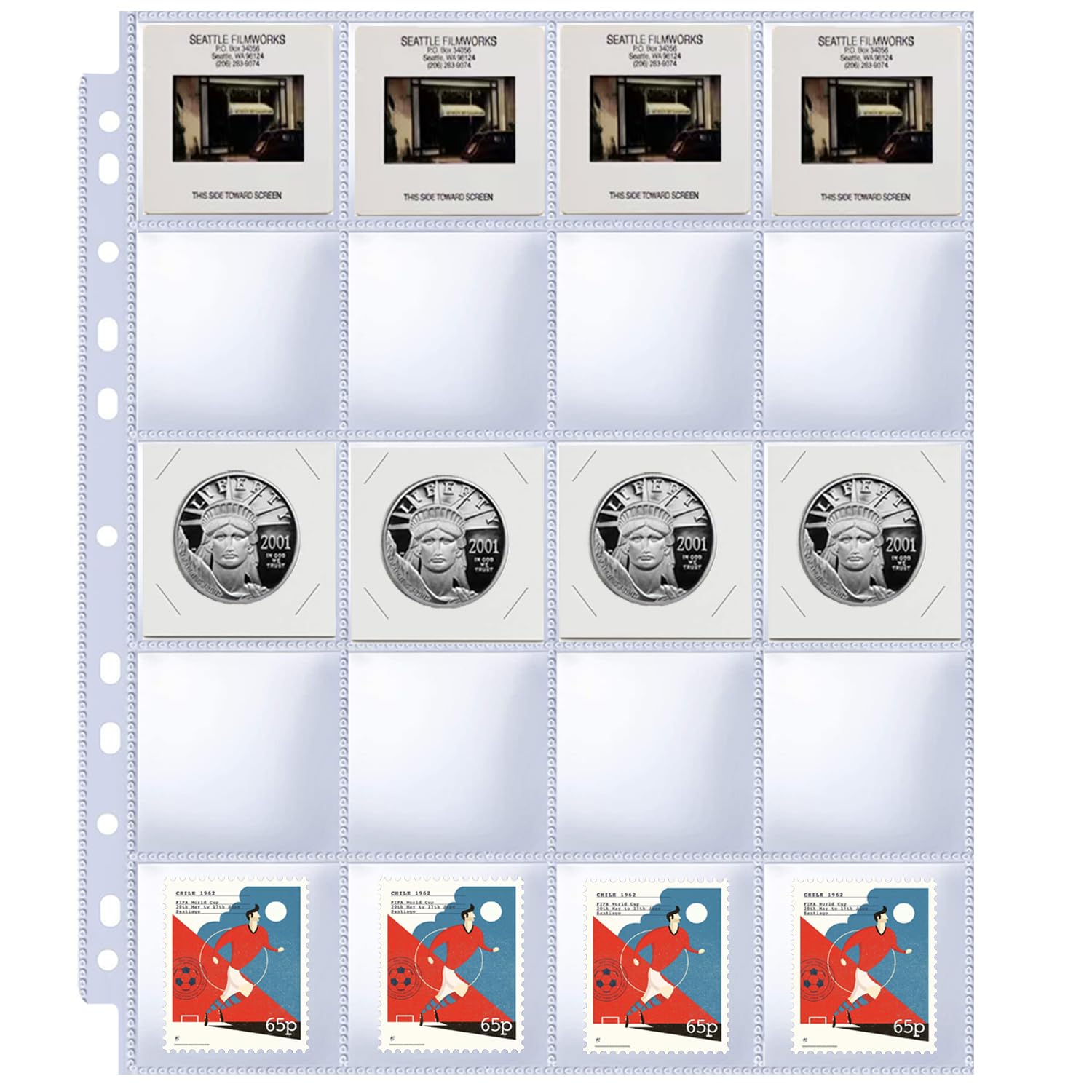 Photo 1 of 30 Pack 600 Pockets 2x2” Coin Flip Sleeves, Heavy Duty Stamp Collection Pages for 3 Ring Binder, 20 Pocket Photo Slide Flips Organizer Sheet, Top Loading Clear Cardboard Coin Holder Sleeves