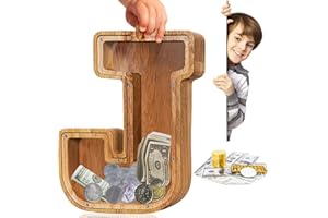FAO THUOFYR Personalized Large Wooden Kids' Letter Piggy Bank - Letter Piggy Bank for Boys & Girls, Coin Bank Birthday Gift（J）