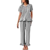 Flygo Womens Striped Pajama Sets 2 Piece Cotton Pjs Lounge Set Ruffle Button Down Tops Long Pants Soft Sleepwear with Pockets